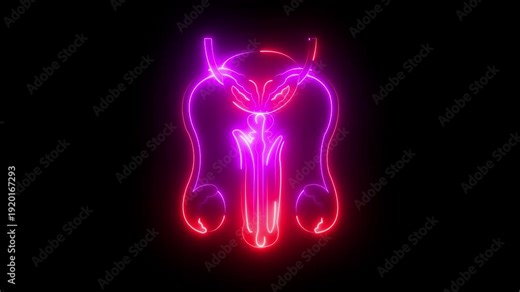 Reproductive system animation. Glowing neon reproductive system icon on black back Healthcare part icon. Male reproductive system icon symbol. The testes are the primary male reproductive organ.