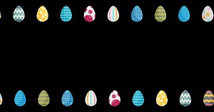 Download Happy Easter Motion Graphic. 4k animation row of eggs rolling in one direction multi color on black background. Symbol of new life for free