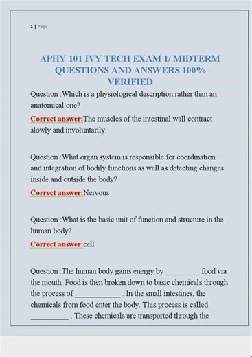 APHY 101 IVY TECH EXAM 1 MIDTERM QUESTIONS AND ANSWERS 100% VERIFIED0001