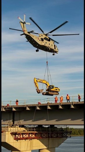 Helicopter Airlifts Excavator in Bridge Construction Scene