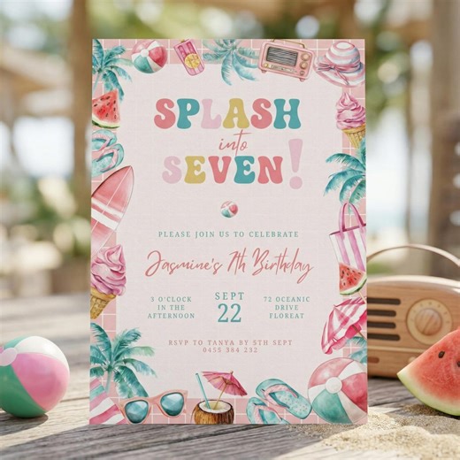Editable 7th Birthday Pool Party Invitation, Preppy Girl Splash Into Seven Invite Template, Summer Beach Party Theme - Etsy