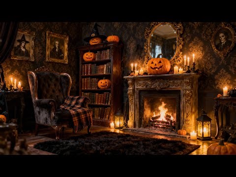 Midnight Fireplace in the Haunted Study 🔥 Calm Halloween Night Ambience & Crackling Fire 3 Hours