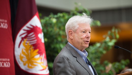 Prof. Richard Thaler shares his thoughts on the field of economics and the next generation of scholars during the Oct. 9 Nobel Prize news conference at University of Chicago Booth School of Business’ Harper Center. | The University of Chicago