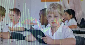 Stock market data animation over children using tablets in classroom
