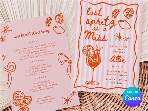 Last Spritz as A Miss Bachelorette Invitation & Itinerary | Editable Canva Template - Etsy
