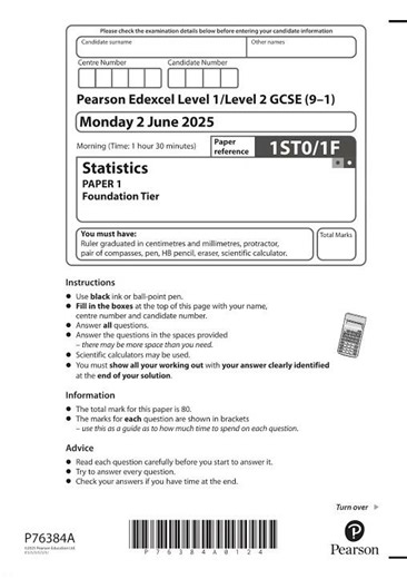 Pearson EDEXCEL GCSE StATIstics Paper 1 FoundATIon Tier 2025