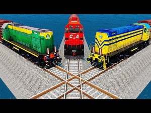 Three Train vs Water Overlapping Tracks - BeamNG.Drive