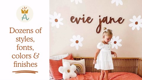 Custom Wood Name Sign for Nursery or Kids Room, Instant Font Preview, Multiple Styles Available Unpainted, Painted or Stained, Personalized Baby Gift (Backboarded Name Sign - Script + Script Font)