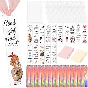 Acrylic Bookmark Making Kits - 60 Pcs Clear Acrylic Bookmark Blanks Set with Good Girls Double-Sided Printing UV DTF Wrap Stickers, 15 Pcs Ribbons, DIY Crafts for Women Book Lover Gifts