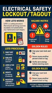 🔌⚡️ *Electrical Safety 101: Lockout/Tagout (LOTO) – Keep your crew safe with proper energy isolation!* 💡🔒 Follow the LOTO procedure to shut off, isolate, lock & tag equipment before any maintenance. Respect the golden rules: use your own lock & tag, never reuse someone else’s, and always verify zero energy. ⚠️👷‍♂️ #ElectricalSafety #LockoutTagout #LOTO #SafetyFirst #WorkplaceSafety #HazardPrevention #ElectricalHazards #SafetyProcedures #IndustrialSafety #SafetyRules #GoldenRules #SafetyAware