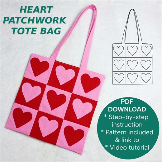 Heart Patchwork Tote Bag Sewing Pattern (PDF Download) - Etsy