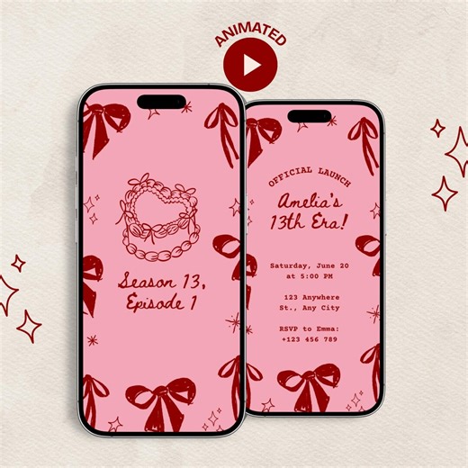 Pink Bow Animated 13th Birthday Invite · Heart Cake Thirteen Era Mobile Invitation · Coquette Chapter 13 Evite · Editable Canva Template