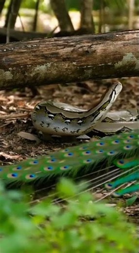 Python attacks peacock near fallen logs, silent strike, ground