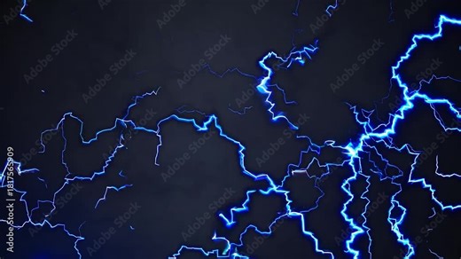 Electric blue lightning bolts flashing intensely across the screen during a powerful thunderstorm. Abstract energy discharge creating a dramatic and energetic background for cinematic projects