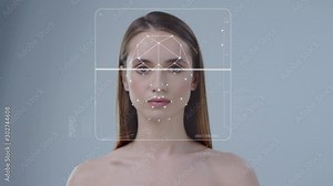 Face ID. Face Detection. 3D Facial Recognition. Technological Futuristic Biometric Scanning of Face of Beautiful Woman Isolated on Background. Concept of Personal Safety and Security.