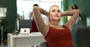 Laptop, relax and thinking with designer woman in office to complete project management task. Future, planning and vision with employee sitting hands behind head in creative workplace for idea