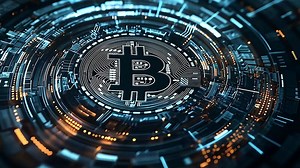 Download Glowing bitcoin emblem within a digital network, representing the innovation and secure technology of blockchain in modern finance and cryptocurrency for free