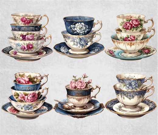 Watercolor Teacup Stack Clipart: Vintage Floral Tea Party PNG Bundle - Etsy UK