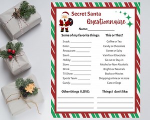 Secret Santa Questionnaire Printable. Secret Santa Form. Secret Santa for Work. Secret Santa Printable. Secret Santa Wish List. Christmas - Etsy