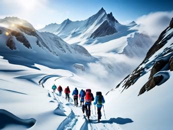 A group of people hiking up a snow covered mountain PowerPoint Template