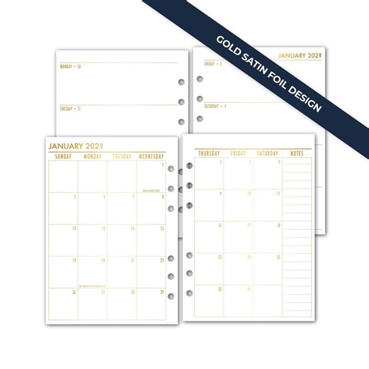 Foiled A5 Monthly Weekly Horizontal Planner Insert, Complete Calendar Ring Binder Refill, Gold Satin - Etsy