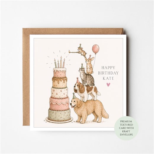 Animal Birthday Card - Cute Cake Illustration on Textured Paper - Etsy