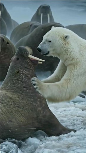 Polar bear storms through a colony of walruses in fight ❄️🐻‍❄️ #PolarBear #Arctic #Wildlife #Walrus