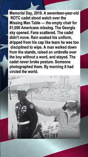 Stranger Holds Umbrella Over Soaked Honor Guard