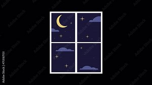 Window night twinkle stars line 2D object animation. Nighttime moon window frame flat color cartoon 4K video, alpha channel. House interior view evening animated item on transparent background