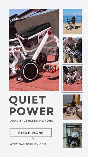 Meet OAS Air Pro: the ultra-light electric wheelchair built for real life. 33 lbs, one-touch fold, TSA-approved battery—from car trunk to airport gate in minutes. Brushless motors, electromagnetic brake, 4-wheel suspension, flat-free tires, and a ~30" turning radius keep every ride smooth and safe. Manual/Power dual mode (clutch release) for easy caregiver push when needed. Range: up to 15 miles per battery (add extras for longer days). Try it risk-free: 60-day returns up to 5-year warranty. 👉 