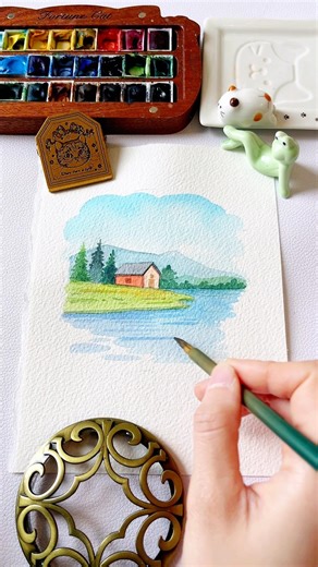 ‌30s Watercolor:Cottage Core Painting Tutorial#art #watercolor #painting #drawing #landscapepainting