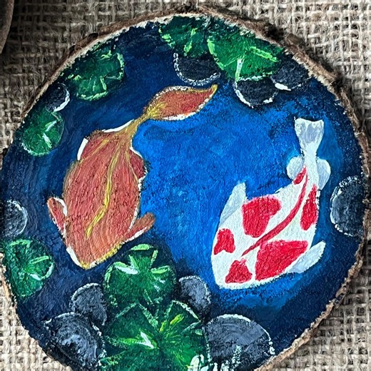 Koi Fish Pond Acrylic Painting on Wood Slice, Rustic Nature Decor - Etsy