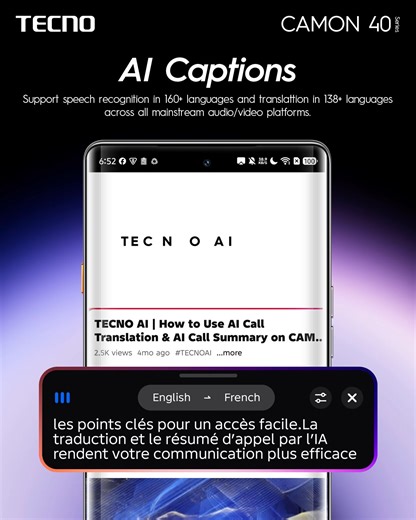 8.6K views · 124 reactions | Have you tried AI captions and Hi Translate on your CAMON 40? The world speaks. CAMON 40 translates! You can watch anything, translate messages from anywhere in the world with the CAMON 40 AI captions and Hi Translate app that translates languages for you in real-time. #NoPoseJustSnap #CAMON40Series | TECNO Mobile | Facebook