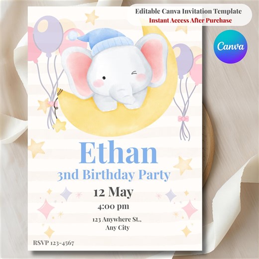 Editable Elephant Birthday Invitation Template | Cute Baby Elephant Party Invite | Kids Birthday Party Invitation | Canva Download