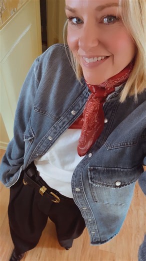 Rebecca Bree Rawlinson on Instagram: "OOTD. 💙❤️ Outfit details: Shirt @9inthemorning Scarf @mischboutique Tee @thisisthegreat_ Belt @bymalenebirger Pants @wardrobe.nyc Boots @rebeccabree @shopjamiehaller"