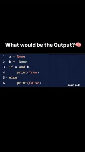 Ansh Codz on Instagram: "90% will fails.. #LearnPython #Python #Python Programming #Coding #Coding Life CodeNewbie Programmer Developer CodeChallenge Guess TheOutput PythonCode CodeReels TechReels ProgrammingLife CodingChallenge 100DaysOfCode PythonDeveloper CodeWithMe CodeForFun ... FOLLOW @ansh_codz FOR MORE DAILY PYTHON QUIZ ...🧑🏻‍💻"
