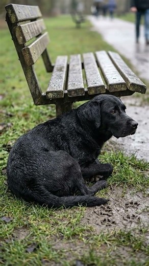 Stray Labrador Waits Out the Rain Beneath a Park Bench