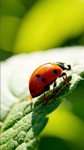 Bee and glowing orange ladybug walk on leaves