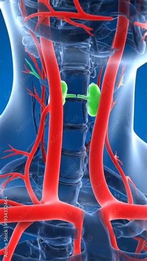 Detailed 3D Medical Animation of Human Neck Anatomy with Arteries and Lymph Nodes.