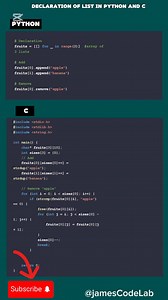 3.1K views · 50 reactions | Declaration of List in Python vs C  What's your preferred language?路‍♂️ #jamesCodeLab #code #Efficiency #webdesign #LearnToCode #WebDesign #WebDevelopment | James Code Lab | Facebook