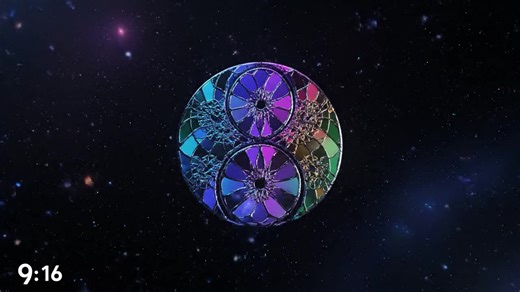 A glowing yin-yang symbol floats in darkness, transforming in slow motion into a living kaleidoscope of color. The classic black-and-white shape ripples with neon reflections, shifting into intricate fractal patterns—electric blue, magenta, gold, and emerald twisting in perfect symmetry. As the symbol rotates, it unfolds like a flower, each half blossoming outward into mirrored petals made of crystalline stained-glass textures. Light refracts through the glass-like surfaces, scattering rainbow s