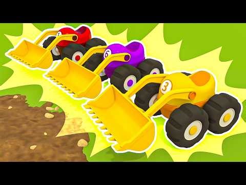 Carrinhos coloridos vão conhecer o trabalho da escavadeira! Desenho animado dos veículos de serviço