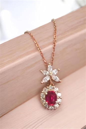 Dainty Gold Ruby Necklace, Floral Diamond Charm Pendant, Minimalist Gift for Women - Etsy