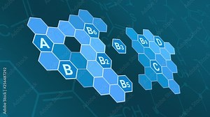 hexagon grid with vitamins name, concept of science and medicine (3d render)