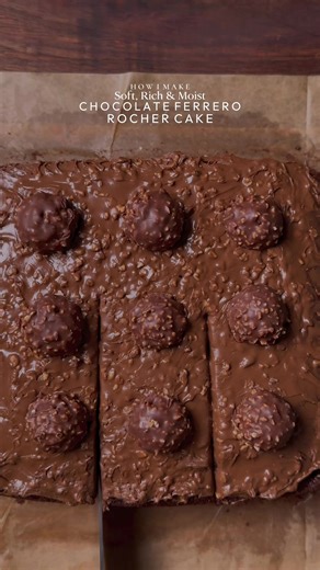 Rich, nutty, and melt-in-your-mouth, pure chocolate heaven 🤎🤤 Chocolate ferrero rocher cake **Recipe below is for ONE CAKE LAYER** Ingredients: For cake batter •125g all-purpose flour •140g white sugar •10g brown sugar •1 tsp baking powder •½ tsp baking soda •1 egg •60ml oil •1 tbsp melted butter •120ml buttermilk ( 250ml milk 2 tsp lemon juice) •1 tsp instant coffee (to be dissolved in hot water) •25g cocoa powder •¼ cup hot water •½ tsp vanilla extract (optional but recommended) •A pinch of