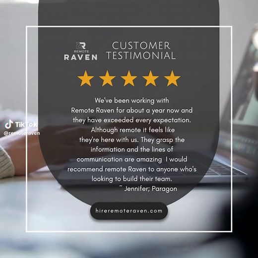 At Remote Raven, we don’t just fill roles—we build relationships. From seamless communication to a deep understanding of your business needs, our Ravens become an extension of your team. 👀 Curious about how we can support your growth too? Let’s build your dream team—one Raven at a time. 📍 Visit: www.hireremoteraven.com ⭐️ Want to see more customer reviews about us? https://hireremoteraven.com/client-testimonials/ #HireRemoteRaven #RemoteRavenTestimonial #RemoteRavenClientReview