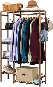 Bamboo Clothing Rack with Shelves - 6 Tier Wood Freestanding Closet Organizer,Wooden Garment Racks for Hanging Clothes Stand Alone Open Wardrobe for Kids Adults,Free standing