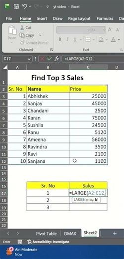 Large Function in Excel | Top 3 Sales | Excel Shorts #frientech #excelformulas #excelshortcuts