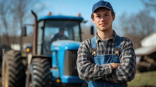 The Confident Farmer: A young farmer with a weathered cap and denim overalls stands proudly in front of his tractor, embodying the heart of rural life.