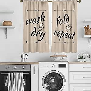 zokyer Laundry Beige Kitchen Curtain White Words Funny Wash Dry Fold Minimalist Trendy Small Short 27.5" W x 45" L Window Treatment Tiers for Bedroom Living Room Bathroom 2 Panels Rod Pocket Drapes